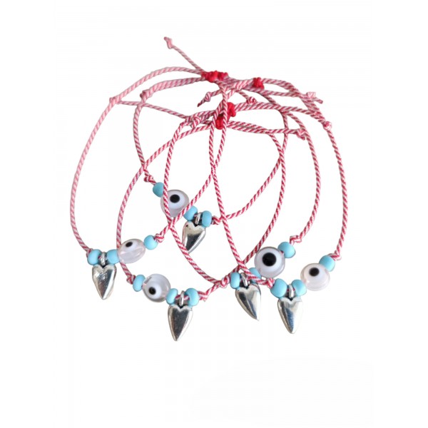 Μαρτάκι με λευκό ματάκι, γαλάζιες χάντρες και μεταλλική καρδιά