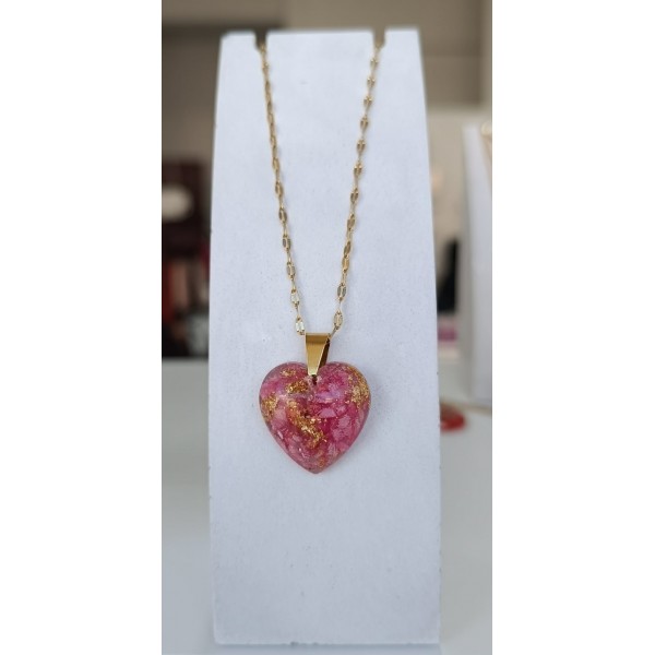 Κολιέ Καρδιά με Αληθινά ροζ Ροδοπέταλλα & Φύλλα Χρυσού