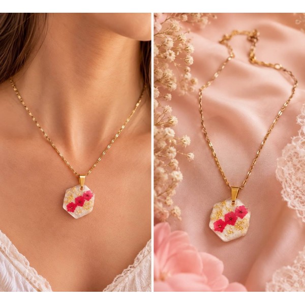 Χειροποίητο Κολιέ με Κόκκινα Λουλούδια & Χρυσές Λεπτομέρειες – Εξάγωνο Μενταγιόν