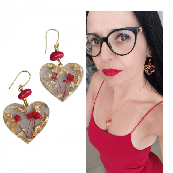 Χειροποίητα σκουλαρίκια καρδιά με αληθινά λουλούδια