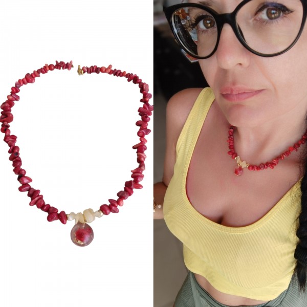 Χειροποίητο κολιέ με ημιπολύτιμο λίθο κόκκινο κοράλλι 