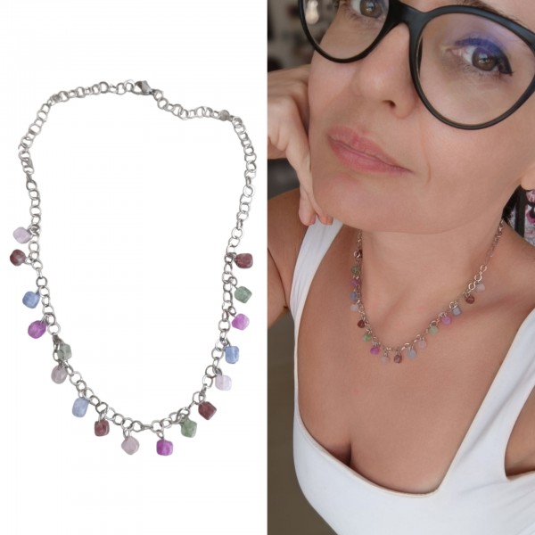 Χειροποίητο κολιέ με ατσάλινη αλυσίδα και ημιπολύτιμους λίθους