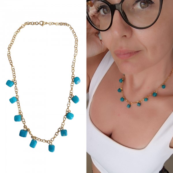 Χειροποίητο κολιέ με ατσάλινη αλυσίδα και ημιπολύτιμους λίθου, μπλε αχάτη 