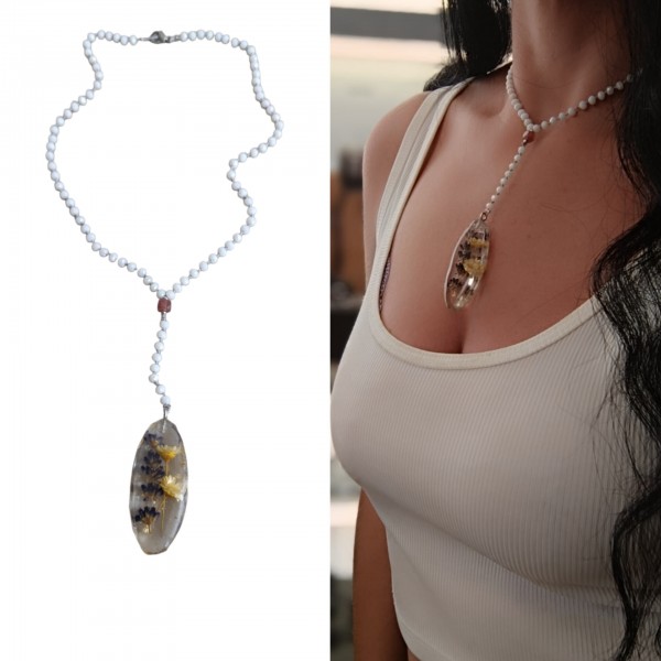 Χειροποίητο κολιέ με αποξηραμένη λεβάντα και Γλίξια,σε στυλ ροζάριο 