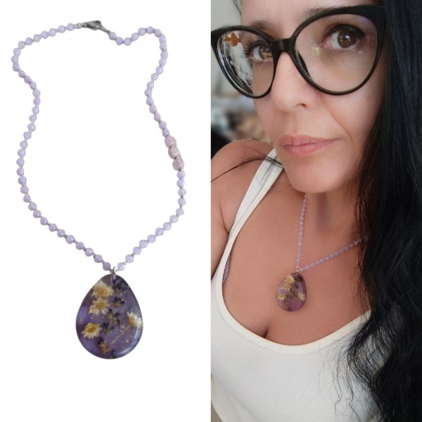 Χειροποίητο κολιέ με αποξηραμένη λεβάντα και Γλίξια 