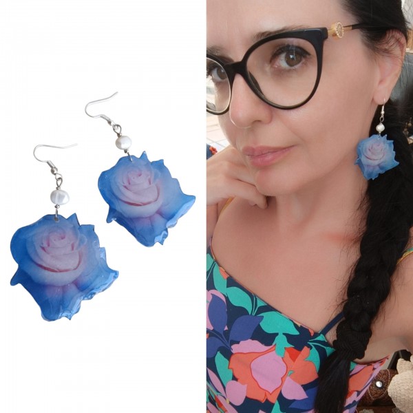 Χειροποίητα σκουλαρίκια τριαντάφυλλα με μαργαριτάρι