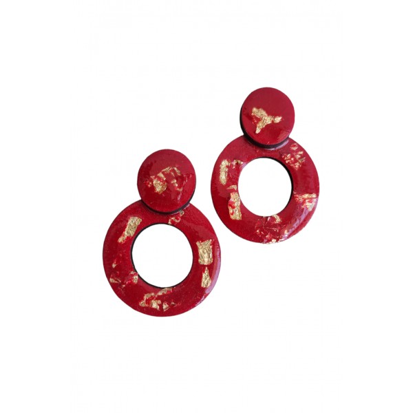 Ξύλινα σκουλαρίκια κύκλοι σε κόκκινο χρώμα με φύλλα χρυσού  Ύψος 6 εκατοστά 