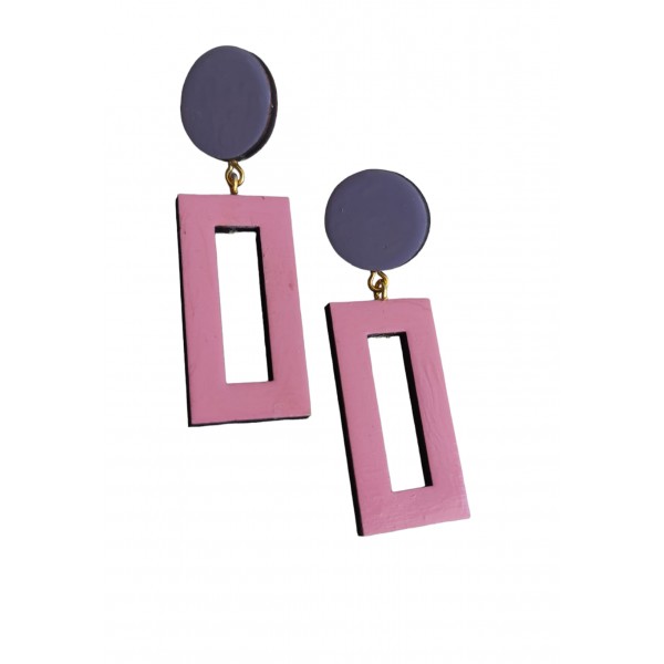 Ξύλινα σκουλαρίκια ορθογώνια  σε ροζ και μωβ  Ύψος