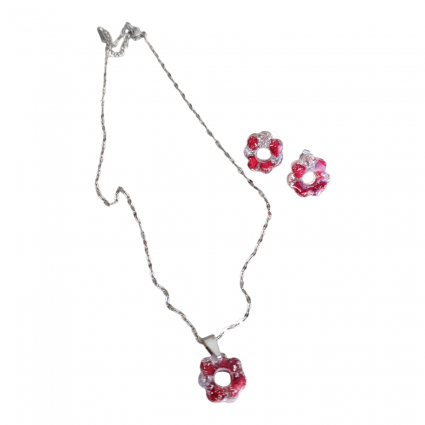 Σετ Κολιέ & Σκουλαρίκια με Αληθινή Αποξηραμένη Κόκκινη Γυψοφίλη και Φύλλα Ασημιού