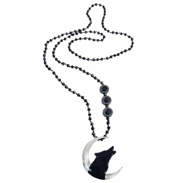 Κολιέ Λύκος με Φεγγάρι από Αλπακά & Μαύρα Κρύσταλλα