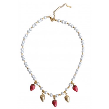  Χειροποίητο κολιέ με ΄λευκές πέρλες και φράουλες   