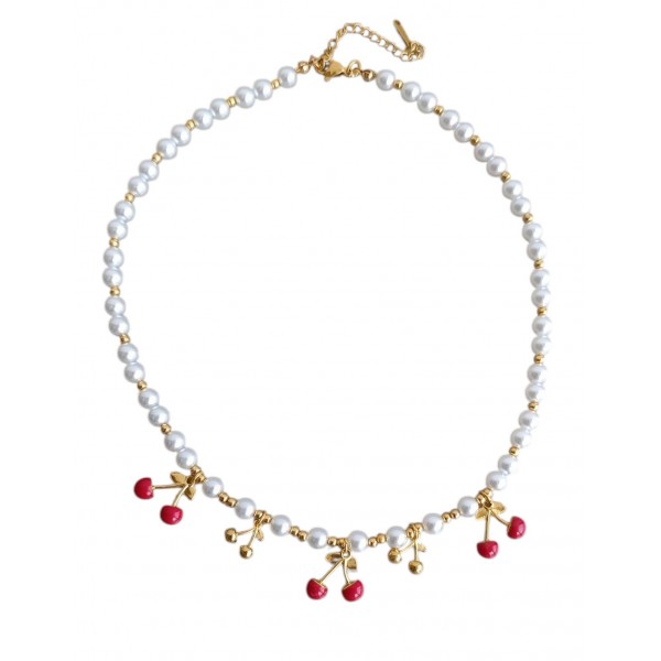 Χειροποίητο κολιέ με ΄λευκές πέρλες και κεράσια  