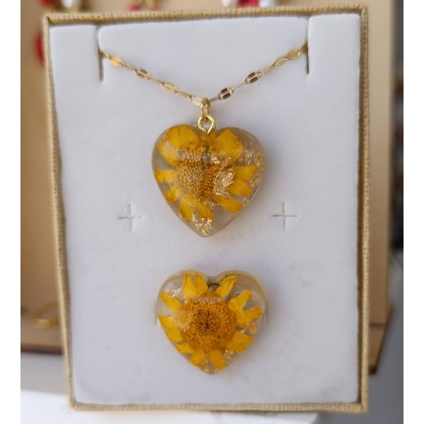 Δαχτυλίδι και κολιέ με αληθινή κίτρινη μαργαρίτα 