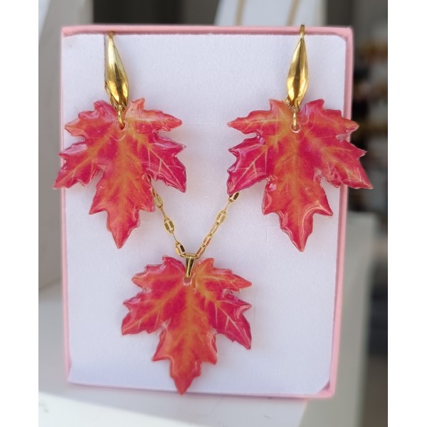 Χειροποίητο κολιέ και σκουλαρίκια πλατανόφυλλα 
