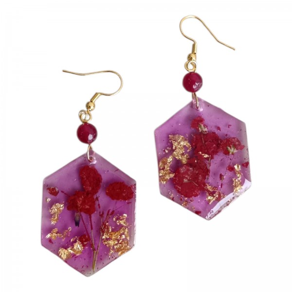 Χειροποίητα σκουλαρίκια με αληθινά λουλούδια και φύλλα χρυσού