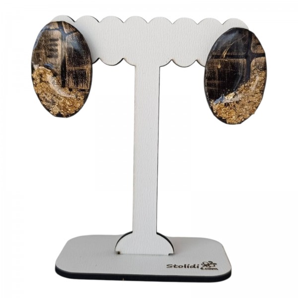 Χειροποίητα σκουλαρίκια οβάλ με τεχνόδερμα  σε καφέ άνιμαλ πριντ και φύλλα χρυσού 