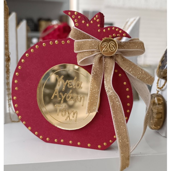 Χειροποίητο επιτραπέζιο γούρι - ρόδι κόκκινο με χρυσό plexiglass