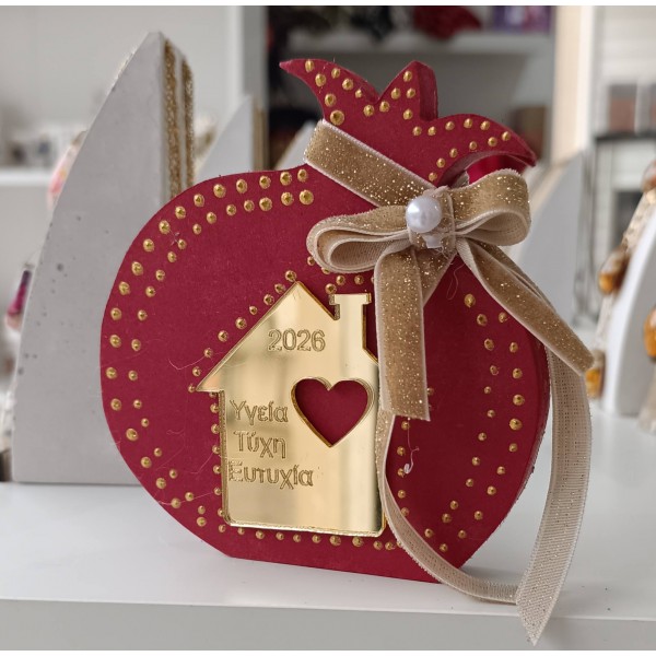 Χειροποίητο επιτραπέζιο γούρι - ρόδι κόκκινο με χρυσό plexiglass