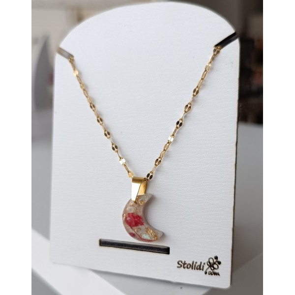 Κολιέ χειροποίητο φεγγάρι από ρητίνη με κόκκινη γυψοφ΄ίλη και φύλλα χρυσού