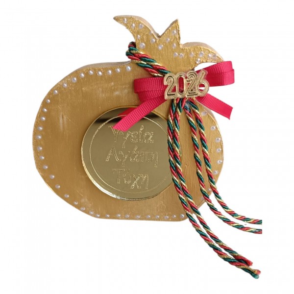 Χειροποίητο επιτραπέζιο γούρι - ρόδι κόκκινο με χρυσό plexiglass