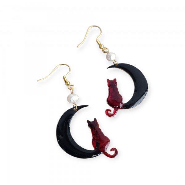 Χειροποίητα Σκουλαρίκια «Γάτα στο Φεγγάρι» με Μαργαριτάρι