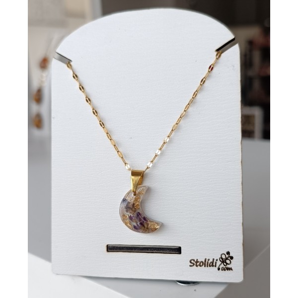 Κολιέ χειροποίητο φεγγάρι από ρητίνη με λεβάντα και φύλλα χρυσού