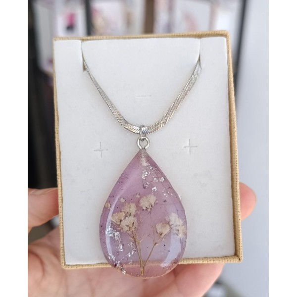 Χειροποίητο κολιέ με αληθινά αποξηραμένα λουλούδια και snake αλυσίδα