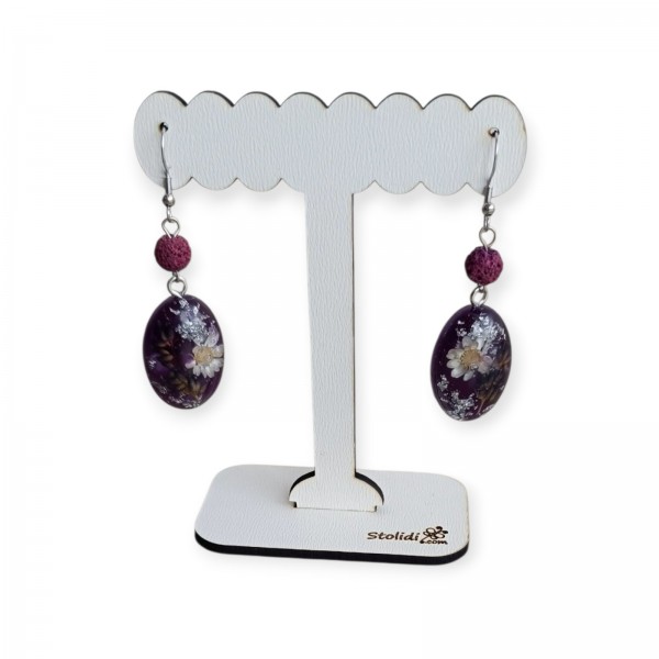 Χειροποίητα σκουλαρίκια σε μωβ χρώμα με αληθινά αποξηραμένα λουλούδια 