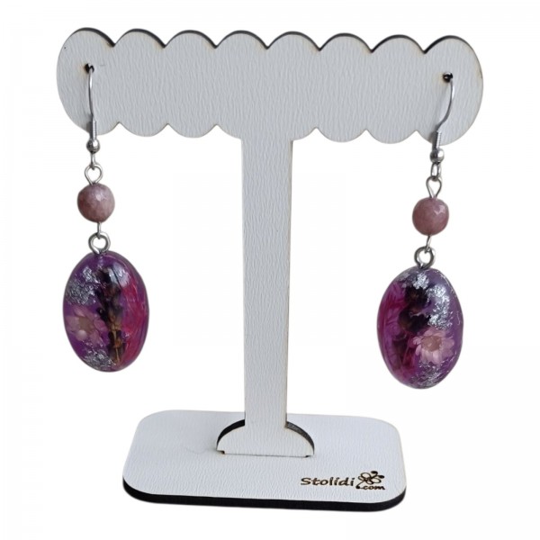 Χειροποίητα σκουλαρίκια σε μωβ χρώμα με αληθινά αποξηραμένα λουλούδια 