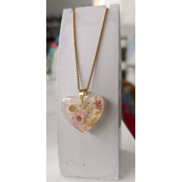 Χειροποίητο κολιέ καρδιά με αποξηραμένα λουλούδια – Γυψοφίλη, Χαμομήλι & Γλύξια