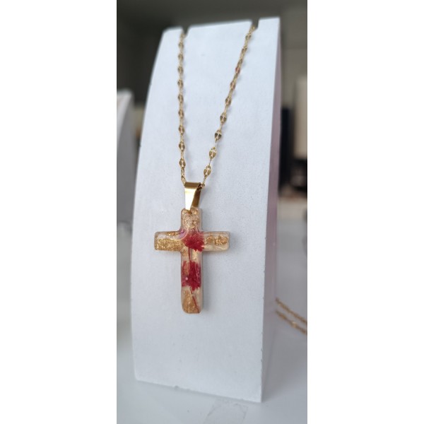 Χειροποίητος Σταυρός με Αληθινή Κόκκινη Γυψοφίλη & Φύλλα Χρυσού