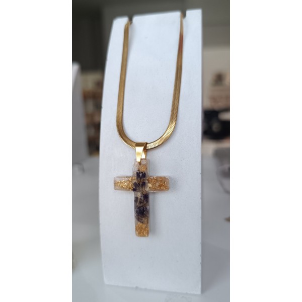 Χειροποίητος Σταυρός με Αληθινή Αποξηραμένη Λεβάντα & Φύλλα Χρυσού