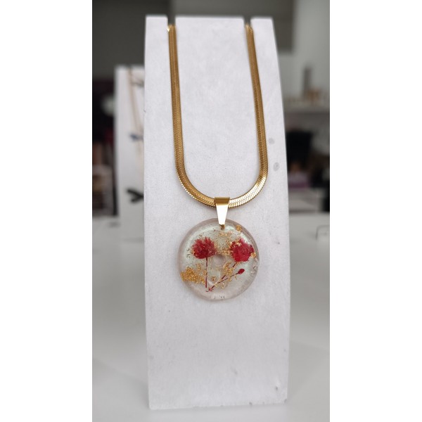 Χειροποίητο Κολιέ με Αληθινή Κόκκινη Γυψοφίλλη & Φύλλα Χρυσού – Snake Αλυσίδα