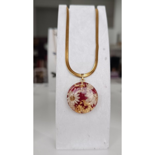 Χειροποίητο Κολιέ με Αληθινή Χαμομήλι & Φύλλα Χρυσού – Snake Αλυσίδα