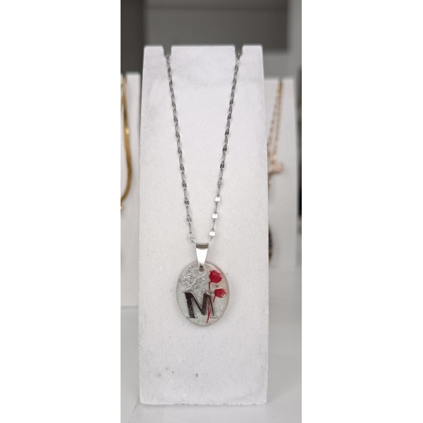 Χειροποίητο Κολιέ  με ότι Μονόγραμμα θέλεις με Κόκκινη Γυψοφύλη – Ανοξείδωτο Ατσάλι