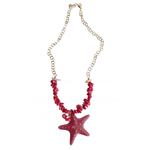 Κολιέ με αστερία, κοράλλι και ατσάλινη αλυσίδα