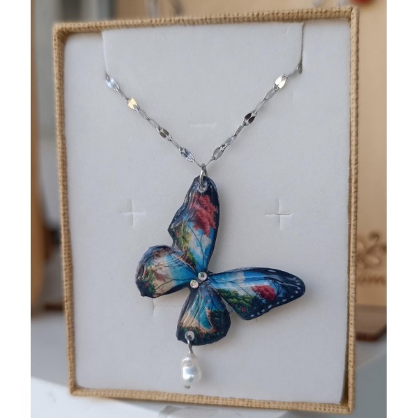 Χειροποίητο κολιέ με πεταλούδα και ατσάλινη αλυσίδα