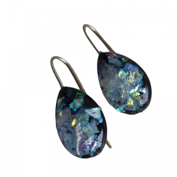 Σκουλαρίκια χειροποίητα δάκρυ από υγρό γυαλί ,μαύρο χρώμα 