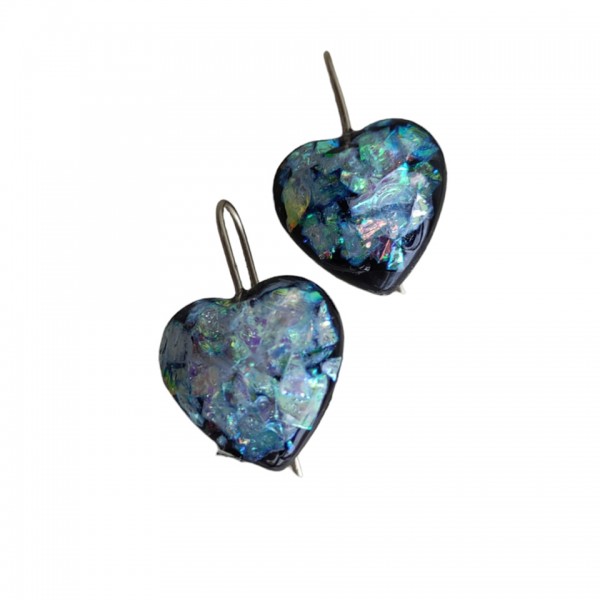 Σκουλαρίκια χειροποίητα καρδιά από υγρό γυαλί ,μαύρο χρώμα