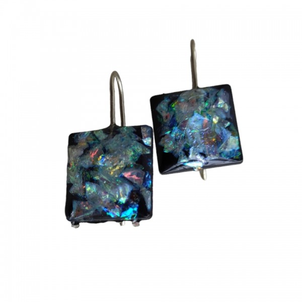 Σκουλαρίκια χειροποίητα τετράγωνο από υγρό γυαλί ,μαύρο χρώμα