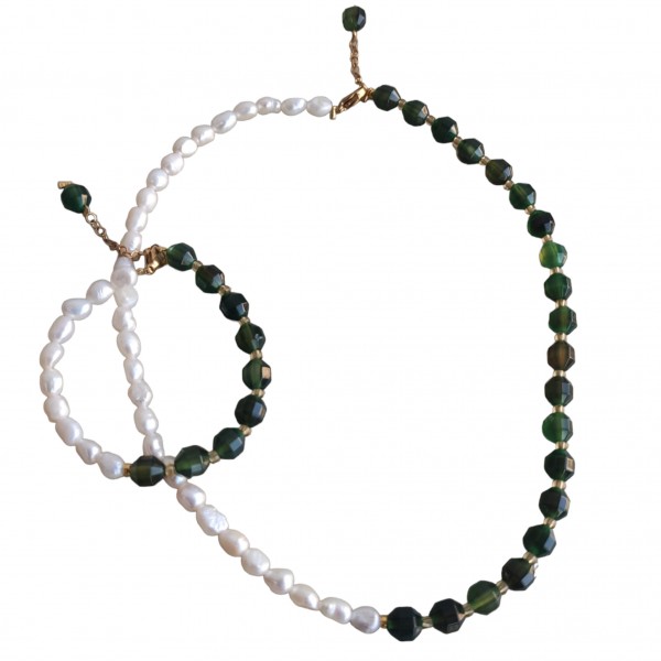 Κολιέ και βραχιόλι από  μαργαριτάρι και πράσινο αχάτη
