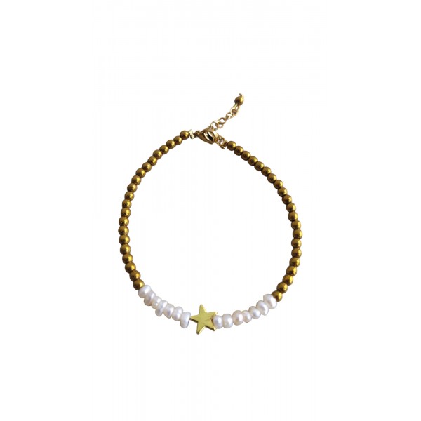 Χειροποίητο βραχιόλι με ημιπολύτιμους λίθους, αιματίτη επιχρυσωμένο και μαργαριτάρι 