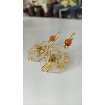  Σκουλαρίκια με αποξηραμένη γυψοφίλη και Αμυγδαλιά και φύλλα χρυσού