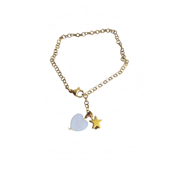 Βραχιόλι με χρυσή ατσάλινη αλυσίδα και στοιχεία στο τέλος της , καρδιά από φίλντισι και αστεράκι από επιχρυσωμένο αιματίτη 