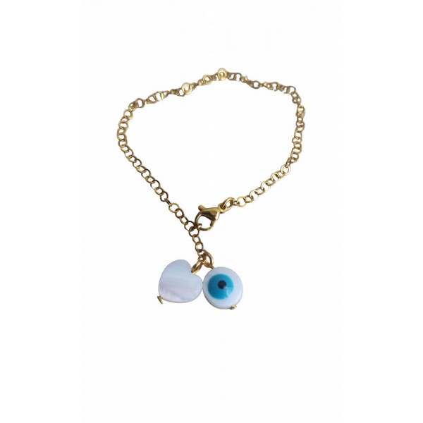 Βραχιόλι με χρυσή ατσάλινη αλυσίδα και στοιχεία στο τέλος της , καρδιά και ματάκι από φίλντισι