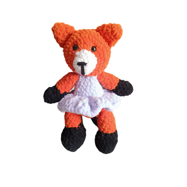 Χειροποίητη πλεκτή αλεπού 27εκ με λιλά φόρεμα 