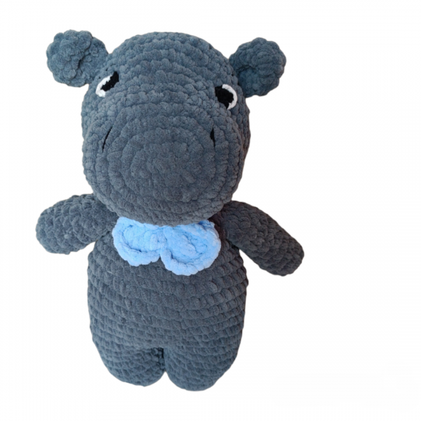 Χειροποίητος ιπποπόταμος σε γκρι χρώμα με γαλάζιο παπιγιόν 35 εκατοστά