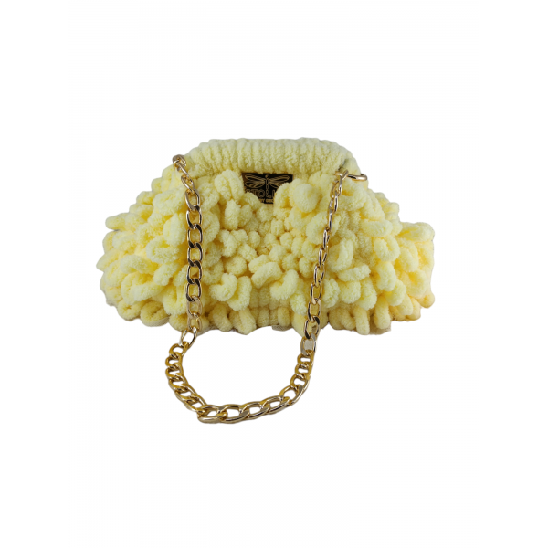 Χειροποίητη πλεκτή τσάντα Puffy απο νήμα βελούδινο σε κίτρινο χρώμα και χρυσή αλυσίδα