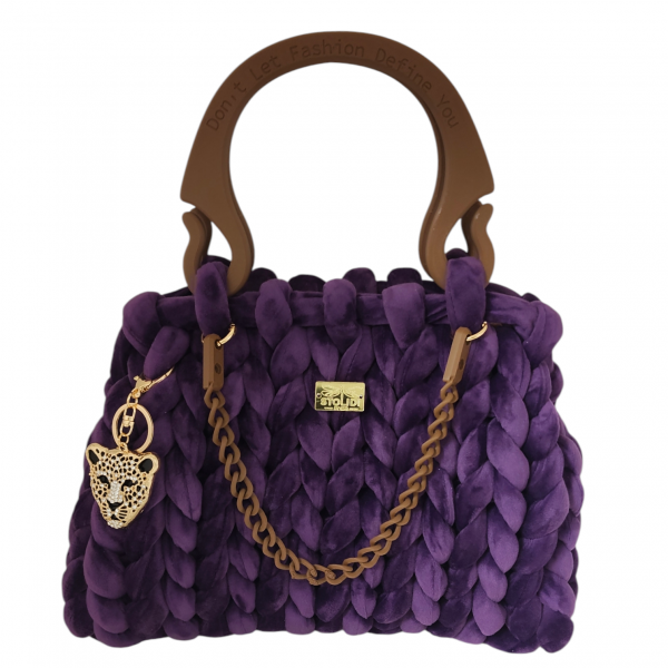 Marshmallow τσάντα απο βελούδινο μώβ νήμα και καφέ 3D printed χερούλια και αξεσουάρ