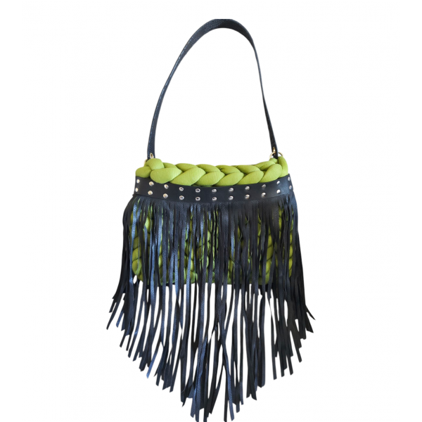 Marshmallow τσάντα lime με κρόσια μαύρα